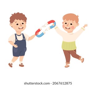 Niño pequeño trabajando en experimento de ciencia física con ilustración vectorial de imanes