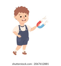 Little Boy Working on Physics Science Experiment with Magnet Vector Illustration