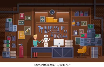 Little boy working on robot in garage workshop Vector illustration