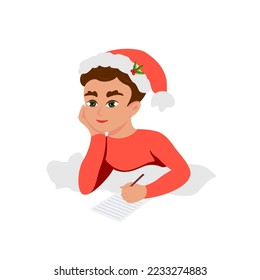 Little boy writing a Christmas wish list letter for Santa Claus. Vector cartoon illustration