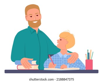 Little boy is writing in a notebook. Schoolboy doing homework. Behind is a smiling father. The teacher is satisfied with the student's work. Vector illustration in flat style