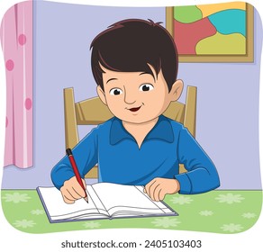 Little boy writing on his notebook with a pencil in his hand vector illustration