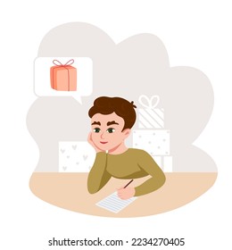 Little boy writing a wish list, dreaming about gift. Vector cartoon illustration