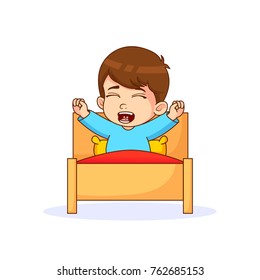 Little Boy Yawning in the bed with white background