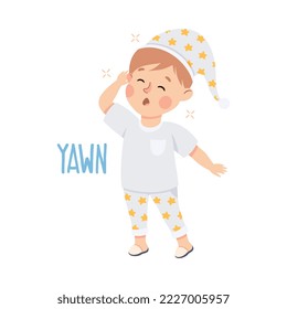 Little Boy Yawning Wanting to Sleep Demonstrating Vocabulary and Verb Studying Vector Illustration