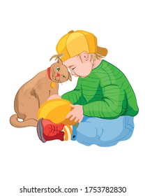 Little boy in yellow cap playing with a cat. Colorful clothes. Pet friend idea. Vector