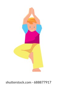 Little boy in yoga asana isolated vector icon. Kids fitness exercise illustration, gymnastics for children and healthy lifestyle concept.