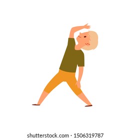 Little boy in yoga pose, blond child doing fitness exercise and stretching for healthy lifestyle, happy cartoon character