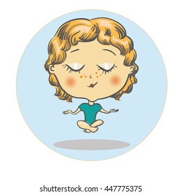 Little boy in yoga position concentrating on meditation. Character stock vector 