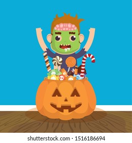 little boy with zombie disguise and candies pumpkin vector illustration design