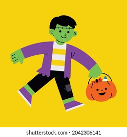 Little boy in Zombie monster costume with pumpkin basket for Trick or Treat on white background. Happy Halloween Concept. 