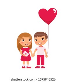 Little boyfriend and girlfriend celebrating Valentines Day flat vector illustrations. Young love. February 14 date isolated design element. Cute boy and girl holding hands characters 