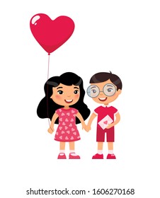 Little boyfriend and girlfriend celebrating Valentines Day flat vector illustrations. Young love. February 14 date isolated design element. Cute boy and girl holding hands characters on white