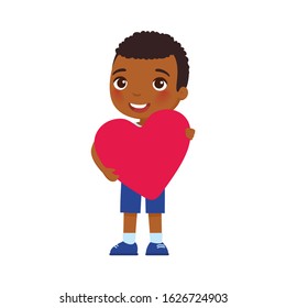 Little boyfriend holding heart shaped valentine greeting card. Valentines Day celebration. Dark skin smiling child character. February 14 holiday illustration