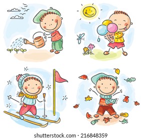 Little boy's activities during the four seasons