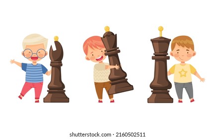 Little boys with big chess pieces. Kids playing chess logic game cartoon vector illustration