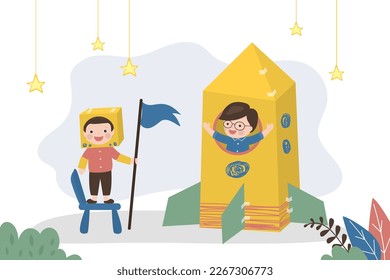 Little boys build rocket out of cardboard and paper. Cute child play with handmade spaceship. Imagination, preschoolers play astronauts. Friends fun spend summer time. flat vector illustration