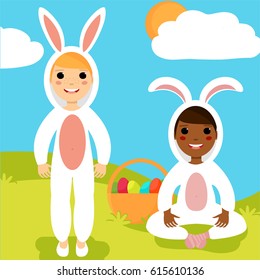 Little boys in bunny costumes with Easter basket. Smiling kids on sunny spring or summer background. Vector illustration of cute cartoon children.