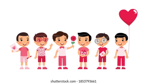 Little boys celebrating Valentines Day flat vector illustration. Kids in cute pink accessories holding balloons, flowers isolated cartoon characters set. Children with February 14 holiday presents