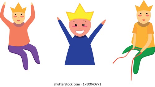 Little boys with a crown in different poses (sit, raise your hands), vector.