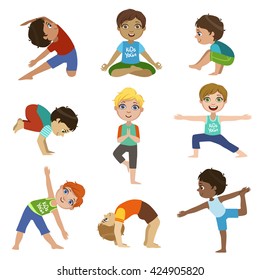 Little Boys Doing Yoga Set Of Bright Color Cartoon Childish Style Flat Vector Drawings Isolated On White Background