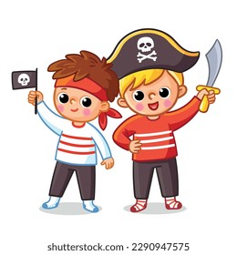 Little boys dressed up as pirates and play on a white background. Vector illustration in cartoon style on a pirate theme.