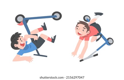 Little boys falling down from kick scooters cartoon vector illustration