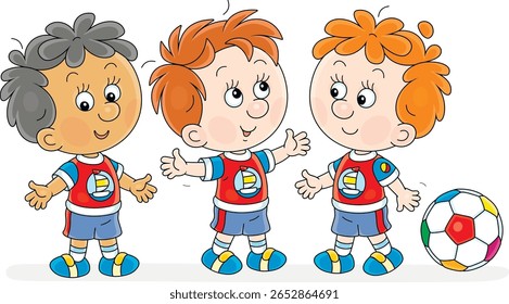 Little boys football players in uniform are about to play a ball during a match or training on a sports field or playground of an elementary school, vector cartoon illustration on a white background