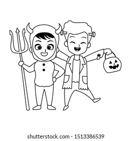 little boys with frankenstein and devil costumes characters vector illustration design