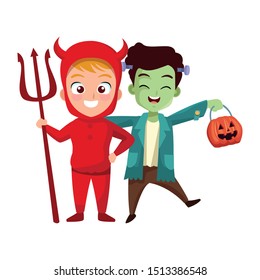 little boys with frankenstein and devil costumes characters vector illustration design