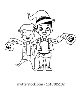 little boys with frankenstein and magician costumes characters vector illustration design