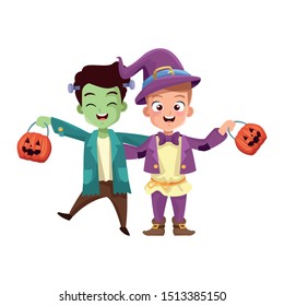 little boys with frankenstein and magician costumes characters vector illustration design