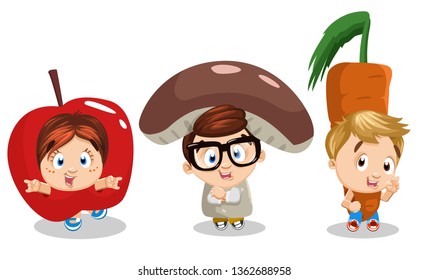 Little boys and girl dressed like vegetables (mushroom, carrot) and fruit (apple). Children`s entertainment, carnival, costume party. Concept of healthy nutrition, vegetarian diet. Cartoon set.