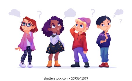 Little boys and girl having many questions cartoon children set. Vector funny child wondering and looking for answers, puzzled kids with question marks and clouds above heads. Unsure smart youth