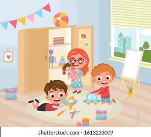 Little boys and girl play in the kindergarten. Vector illustration of interior of the kindergarten and children. Kids activities, toys.