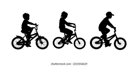 Little boys and girl riding bicycle vector silhouette illustration isolated on white background. Brother and sister enjoying in bike drive. Happy family kids active outdoor. Leisure time for children.