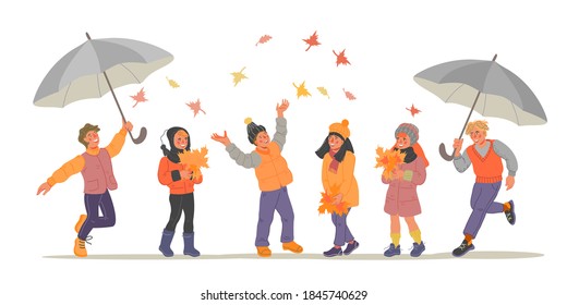 Little boys and girls in autumn season playing with leaves and walking under umbrella, flat vector illustration. Children or teens characters dressed in warm outfit for autumn banners and web.