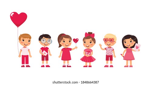 Little boys and girls dating, celebrating Valentines Day flat vector illustration. Young girlfriends and boyfriends isolated cartoon characters set. Children with February 14 presents