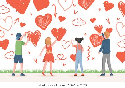 Little boys and girls in modern clothes drawing hearts and love symbols om the wall outdoor vector flat illustration. Children painting on the wall, cute boys and girls making art and creative.