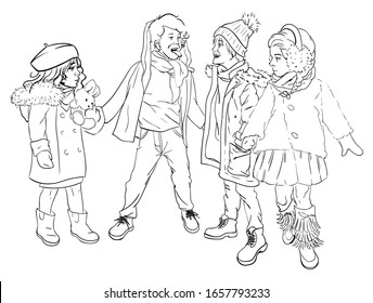Little boys and girls playing outdoor together. Happy childhood, friends teasing each other. Kids in warm clothes, winter weather. Hand drawn sketch, outline drawing of children. Illustration in flat