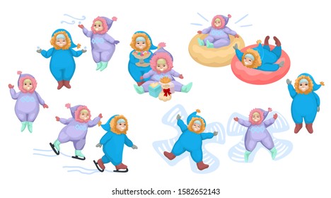 Little boys and girls are playing outdoors in winter. Set of children in different poses making winter activities. Kids dressed up in overall. Isolated on white background. Vector cartoon illustration