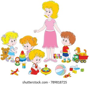 Little boys and girls playing with toys around their young and cute kindergarten teacher, a vector illustration in cartoon style