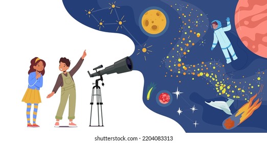 Kleine Jungen und Mädchen studieren Astronomie. Neugierige Kinder schauen in Teleskop, Kid-Charaktere beobachten Himmel mit dem Mond, Sterne, Milchstraße und Astronauten im Weltraum, Cartoon People-Vektorgrafik