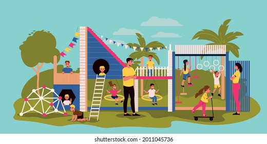 Little boys and girls with their parents having fun on kids playground with various equipment flat vector illustration