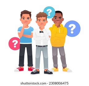 Little boys have questions. Portrait of three thoughtful schoolchildren. A group of three toddlers surrounded by question bubbles. Children's problems. Smart, thinking guys who solve problems.