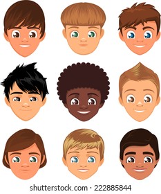 Little boys head faces avatar profile cartoon special character Set, with cool hairstyle vector illustration. 