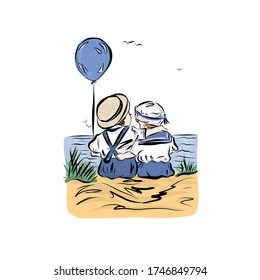 Little boys hug in straw hats sitting on seashore. Boy holds balloon. Friends on beach in headwears who protecting from sun. Joyful childhood moment summer vacation. Fun leisure outdoor. 