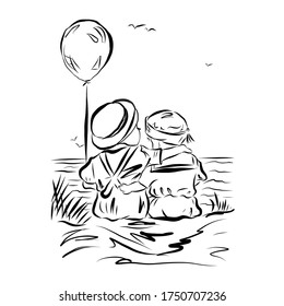 Little boys hug in straw hats sitting on seashore. Boy holds balloon. Friends on beach in headwears who protecting from sun. Joyful childhood moment summer vacation. Fun leisure outdoor. Coloring book