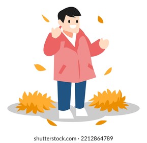 little boys love to play with fallen leaves. autumn theme, play, child, outdoor. flat vector illustration