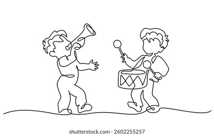 Little boys play with drum and trumpet. Kids music band. Continuous one line drawing. Hand drawn Doodle Line Art Cartoon Design character. Vector illustration